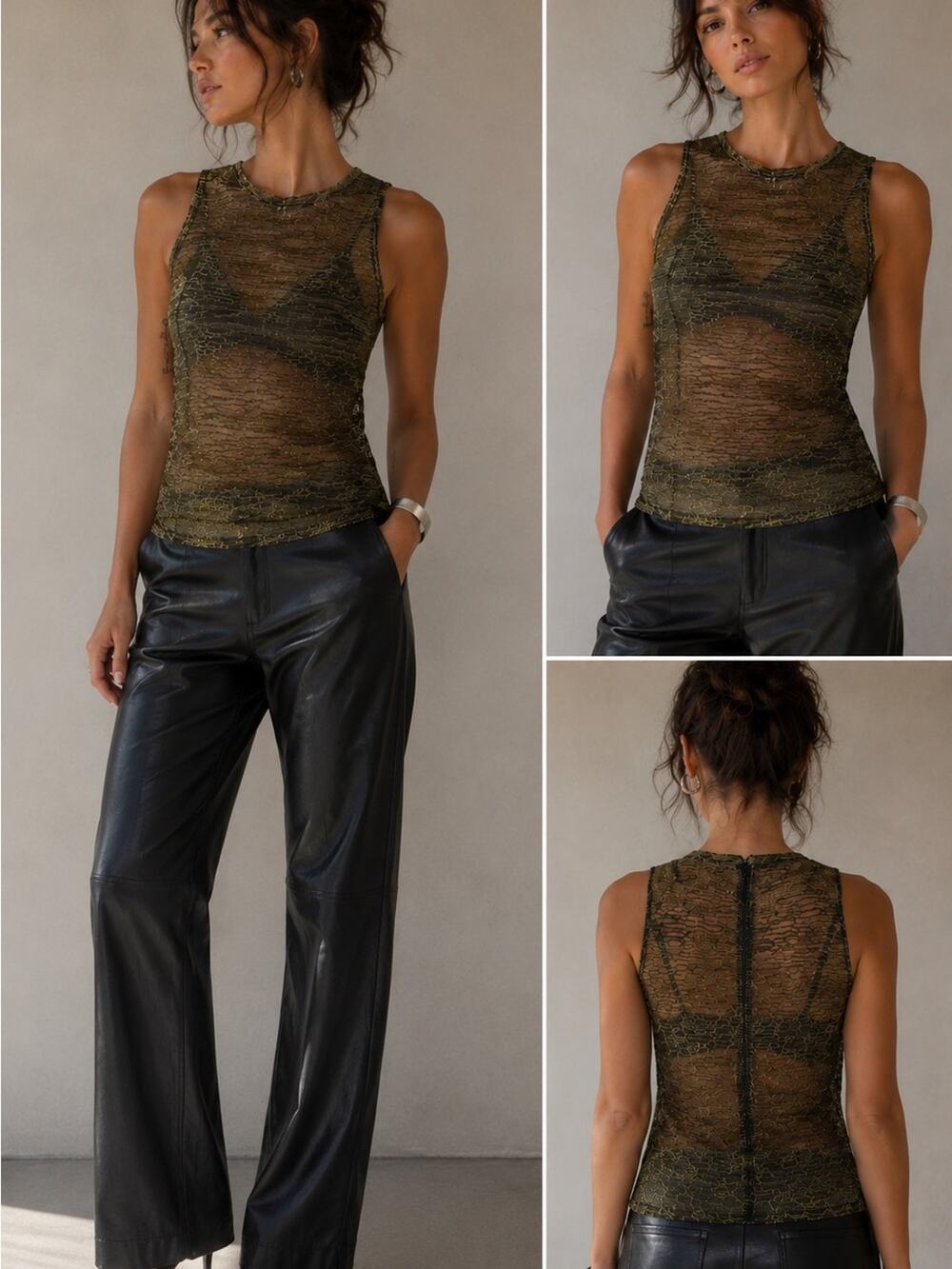 Akris Sheer Silk Metallic Mesh Tank Top Olive Gold Abstract Stretch Lace 8 Indie